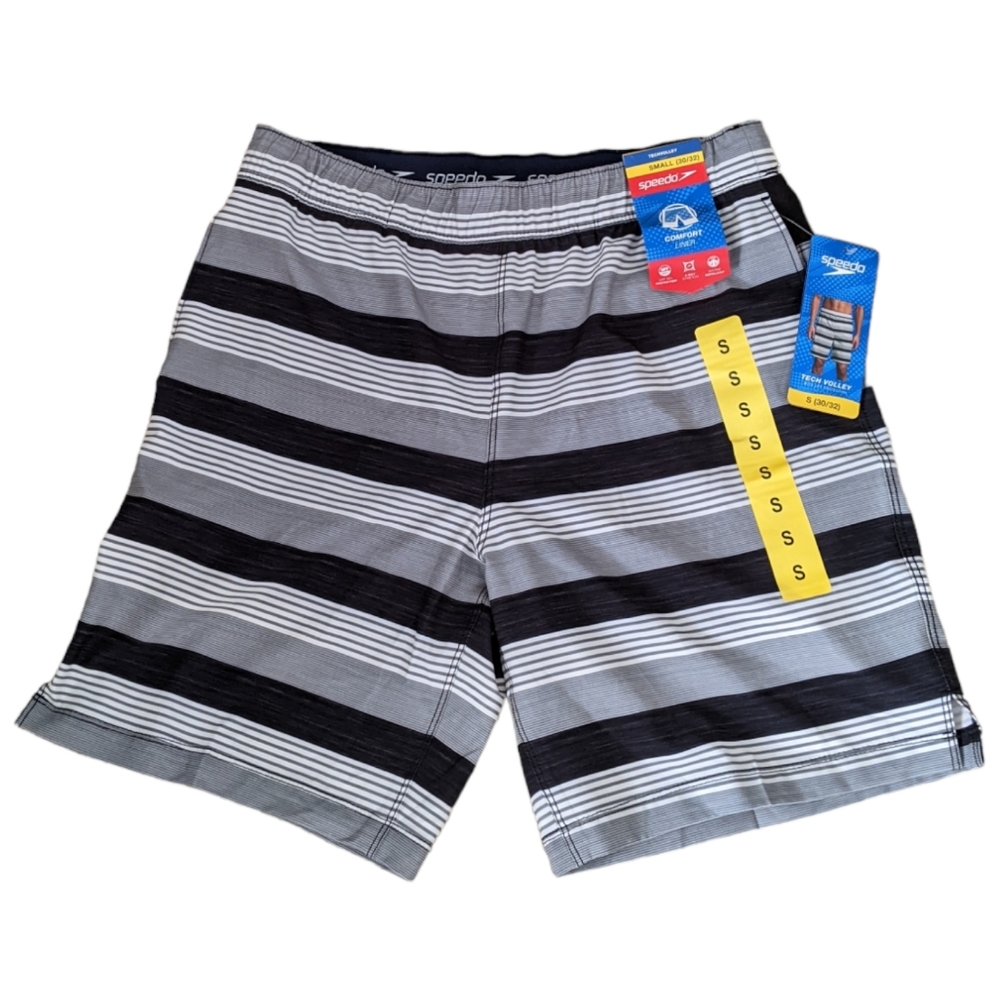 Speedo Tech Volley Swim Shorts NEW Men's Small Comfort Liner Stretch Black Gray